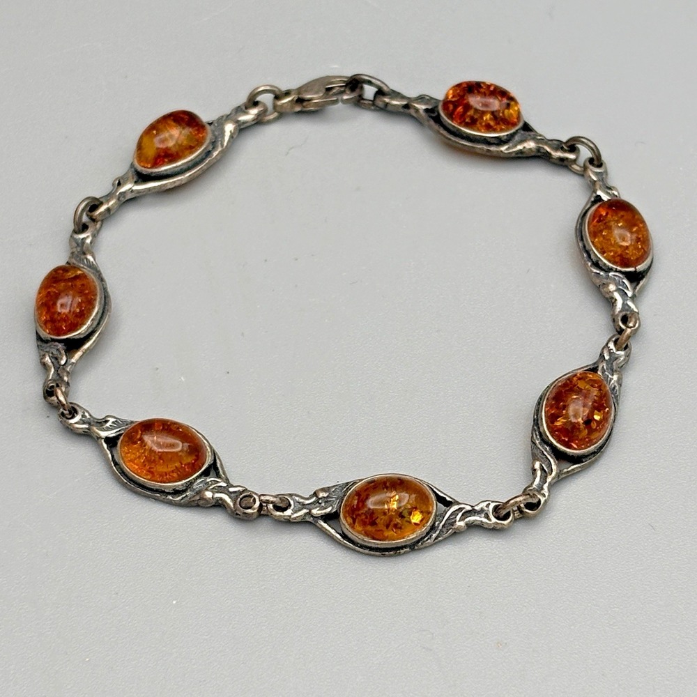 Vintage Baltic Amber Sterling Silver Bracelet Vines Cabochon Poland Estate 6.75"
